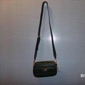 Army Green Crossbody handbag w/ gold tone accents. Simple black wallet.